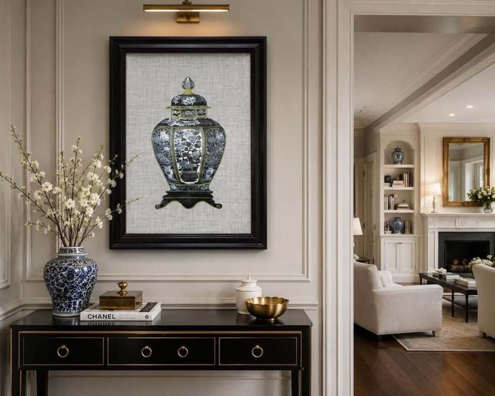 (2 pcs) 20" by 28" Chinoiserie-inspired blue and white jar framed wall art
